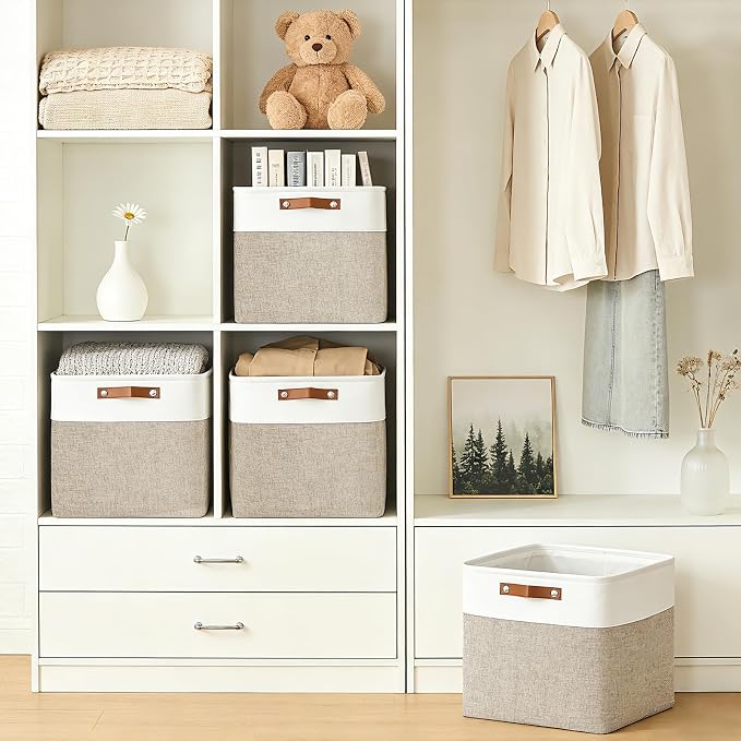 Bagnizer 13x13 Cube Storage Bins, Collapsible Fabric Storage Box, 4 Pack Closet Baskets with Handles for Organizing, Shelf, Toys, Clothes, Home, Office, Nursery (Beige&White) - Image 2
