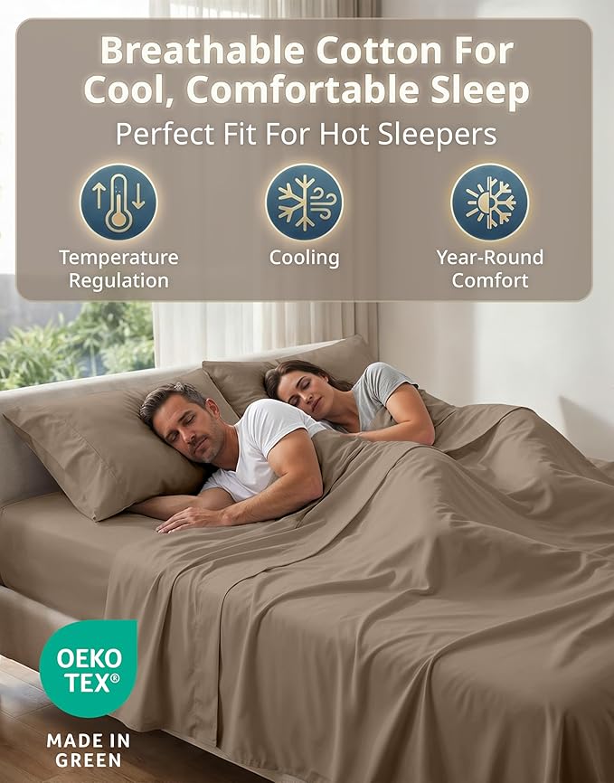Lane Linen 100% Cotton Bed Sheets – 600 Thread Count Cooling Sheets Queen, Durable Daily Use Bedding, Value Comfort for Nightly Rest, Hotel Sateen Finish, Snug Fit 15" Deep Pocket Fitted Sheet – Taupe