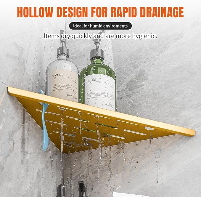 Shower Corner Shelf with Razor Hole,Modern Style Shower Caddy, Sturdy 304 Stainless Steel Shower Organizer,No Drilling Bathroom Corner Shelf for Tile Wall Gold 2 Pack-10 - Image 5