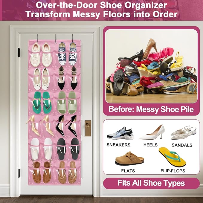 Over-the-Door Kids Shoe Organizer, Pink Shoe Rack for Door, 24 Crystal Clear Pockets, Heavy-Duty Hanging Organizer, 3 Metal Hooks for Toddler Shoes - Image 2