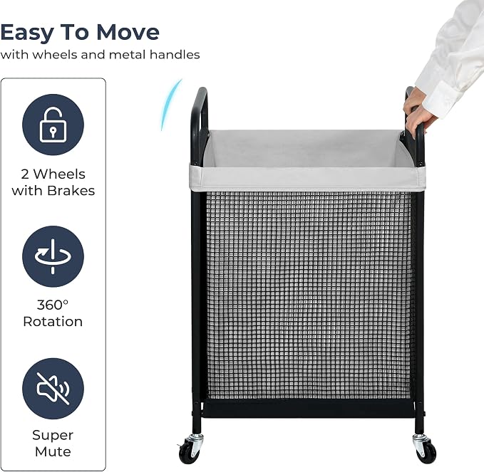 STO STO Laundry Hamper, 90L Rolling Laundry Sorter Cart with Removable and Washable Liner Bag, Clothes Hamper with Wheels and Metal Handle for Laundry Room and Bedroom, Gray - Image 6