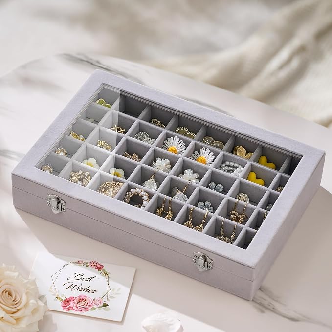 48 Grid Earring Organizer and Storage: Velvet Jewelry Tray with Lid, Jewelry Box for Studs, Earrings, Rings, Necklaces, Dresser & Vanity, Earrings Case Organizer for Girls, Women, 13"x8.6"x2.4", Grey - Image 2