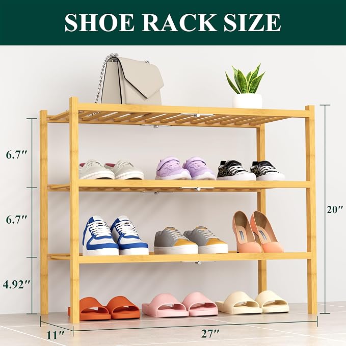 Smiry Shoe Rack, 3 Tier Thick Bamboo Shoe Organizer, Stackable Free Standing Wooden Shoe Storage Shelf for Closet, Entryway, Front Door Entrance, Natural - Image 2