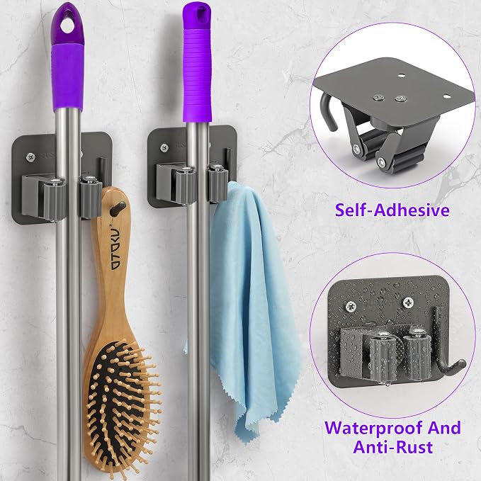 Broom Holder Wall Mount Screw Drilling, Sturdy Heavy Duty Stainless Steel Mop Gripper Rack Perforated, Perfect for Laundry Room Organizer, Fit with Laundry Kitchen Garage Garden Storage System - Image 4