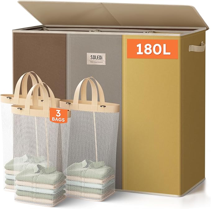 SOLEDI 180L 3-Section Laundry Hamper with Lid, Extra Large Dirty Clothes Basket with Sturdy Handles for Laundry Room & Bedroom - Durable Organizer for Sorting Laundry by SOLEDI