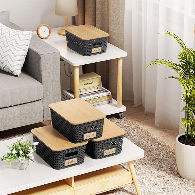 6Pcs Storage Bins with Lids, Stackable Plastic Storage Basket with Bamboo Lid, Pantry Organizer Box Small Containers for Organizing Shelves Drawer Desktop Closet Cabinet Office Classroom 10x7.1x4.1in - Image 6