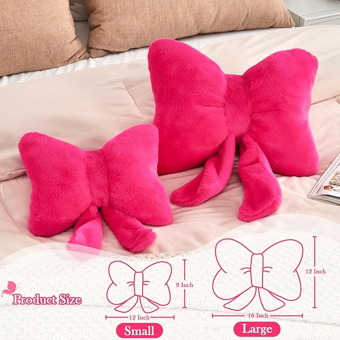 XVTRU Hot Pink Bow Pillow, Soft Bow Decorative Pillows with Faux Rabbit Fur, Cute 16" Bow Throw Pillows, Aesthetic Home Decor Bow Shaped Plush Pillow for Bedroom Sofa Couch