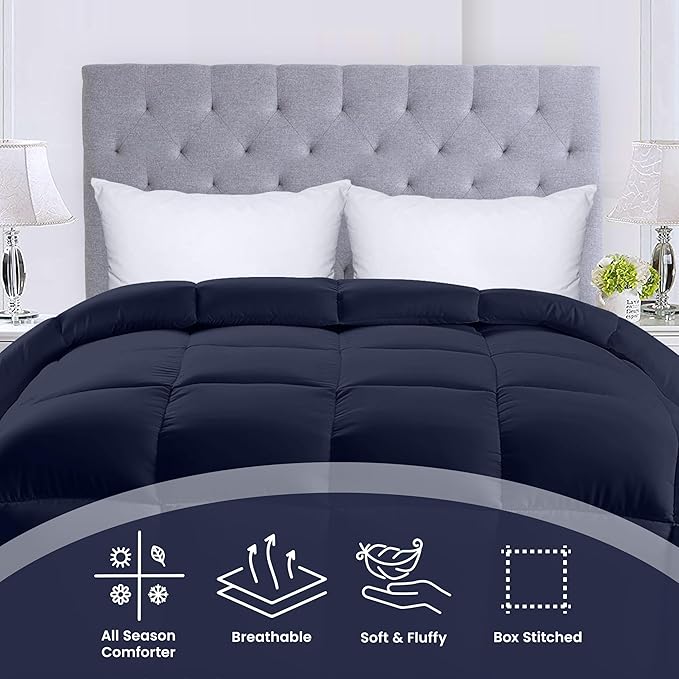 Utopia Bedding Comforters Queen Size, All Season Duvet Insert, Down Alternative Box Stitched Bed Comforter with Corner Tabs, Machine Washable (Navy)