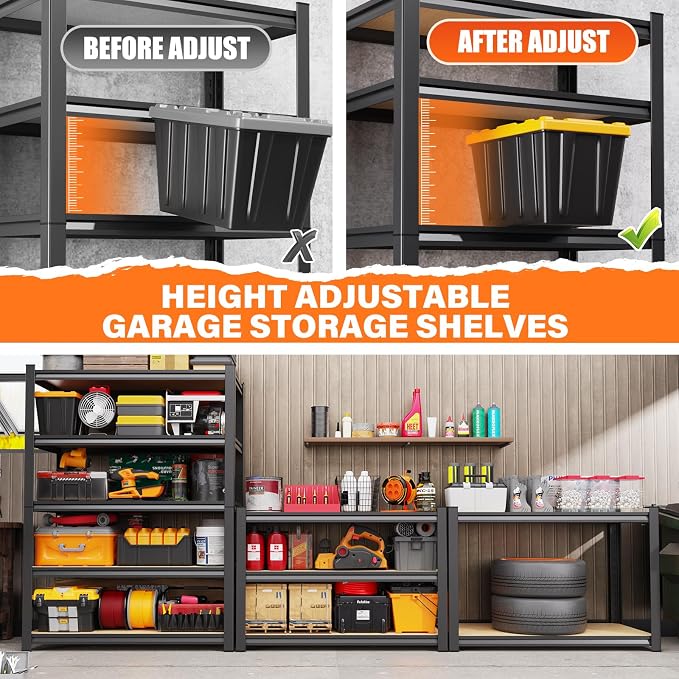 2Pack Storage Shelves, 2500lbs Garage Shelving,Adjustable Heavy Duty Shelving Unit,5T Tall Garage Shelves，Wood Metal Standing Shelf Units,Utility Rack for Kitchen 71.2''H*31.5''W*13.8''D - Image 4