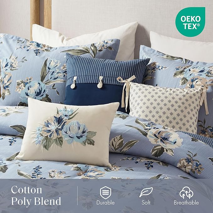 Madison Park Queen Comforter Set Vintage Floral Reversible Comforters Queen Size Bed, All Season, Down Alternative Bedding Queen Size Comforter, Bedskirt, Pillows, Shams, Salara, Queen Blue 7 Piece