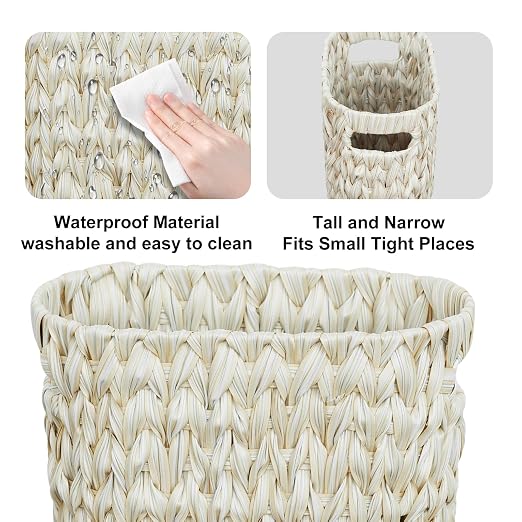 Coeusy Wicker Trash Can,Bathroom Trash Can,Waterproof Wicker Waste Basket for Bathroom,Narrow Small Waste Basket for Bedroom,Office, Cream White 5 Gallon - Image 6