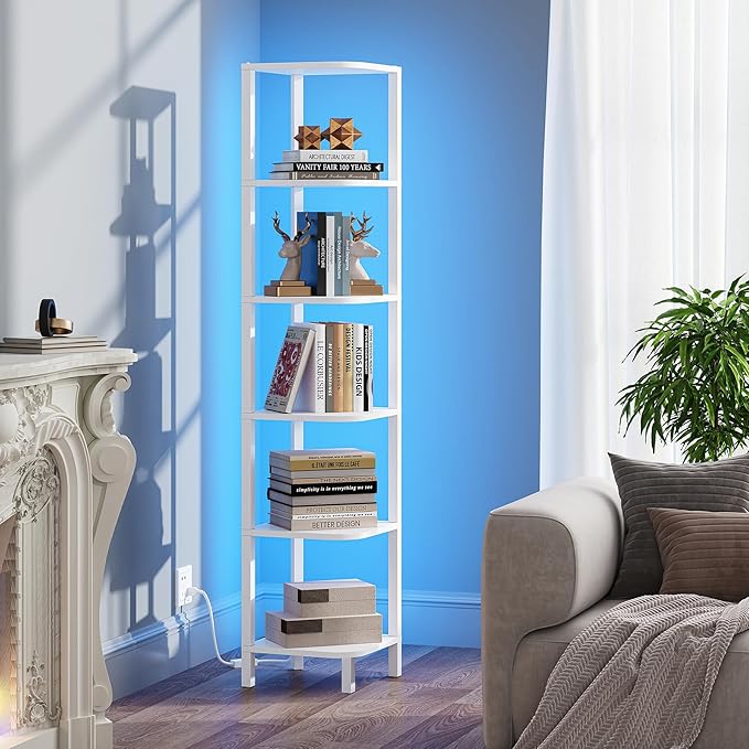 TUTOTAK Corner Shelf with LED Light, 6-Tier Corner Bookshelf for Small Space, Narrow Display Corner Shelf Stand with Storage Rack, for Living Room, Bedroom, White BS08BW006L - Image 7