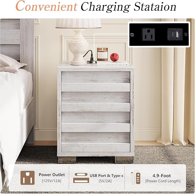 LUXOAK 3 Pcs Bedroom Furniture Sets, Farmhouse Queen Size Bed Frame with 49" Tall Headboard and Nightstand Sets of 2 with Charging Station, Slated Handles & Stainless Steel Feet, Distressed White