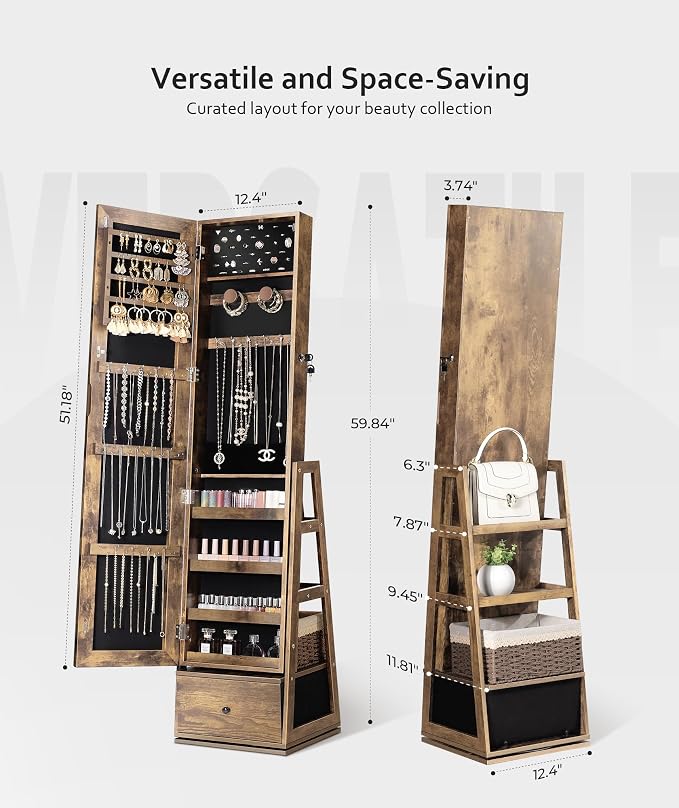 Nicetree 360°Swivel Jewelry Cabinet, Rotatable Full Length Mirror with Jewelry Storage, Standing Jewelry Armoire Organizer, Lockable Jewelry Organizer with 3 Rear Shelves, Bottom Drawer, Rustic Brown - Image 6