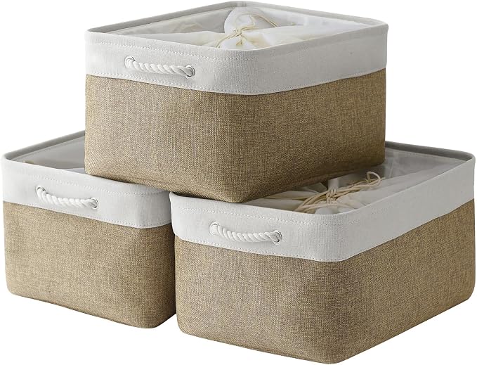 TheWarmHome Organization and Storage Basket for Organizing - X Large - 3 Pack 17.7L×13.8W×9.8H in Collapsible Storage Bin for Shelves, Fabric Basket for Gifts Organizer Toy Closet (White & Khaki) by TheWarmHome