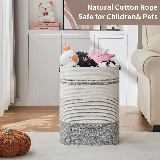 AINUOQI Laundry Basket with Handles - Blanket Basket & Hampers for Bedroom Aesthetic, Laundry Hamper & Blanket Storage for Living Room, Clothes Hamper, Tall, Large 17" x 14" x 22”, Grey & White - Image 7