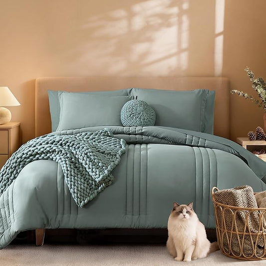 Monbix Super King Plus Size Comforter Set - 7 Pieces Sage Green Bed in a Bag Super King Plus Bedding Sets with Comforters, All Seasons Comforter Bed Set with Sheets,Pillowcases & Shams