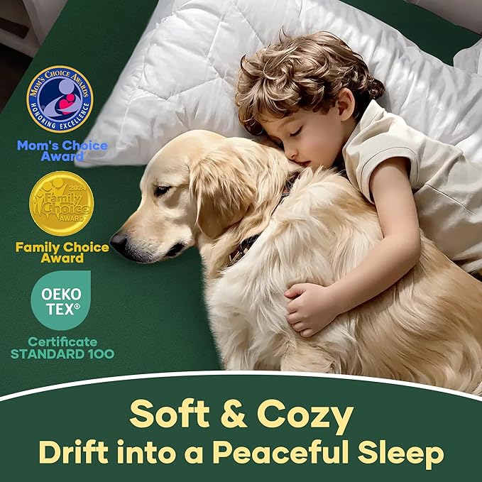 OhGeni 100% Waterproof Mattress Protector, Queen Size Green, Fitted Sheet with Deep Pockets, 6''-18'', Premium Noiseless Breathable Soft Material, Mattresses Cover for Bed