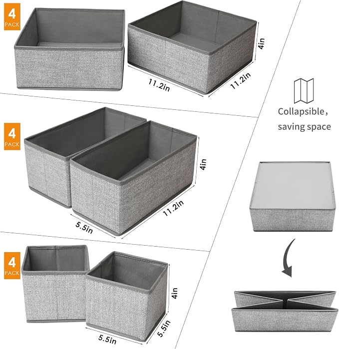 12 Pack Drawer Organizers for Clothing, Foldable Clothes Storage Box Closet Dresser Drawer Organizers Dividers, Bedroom Organization Fabric Bins for Baby Clothes Underwear Sock Bra Ties (Grey) - Image 2