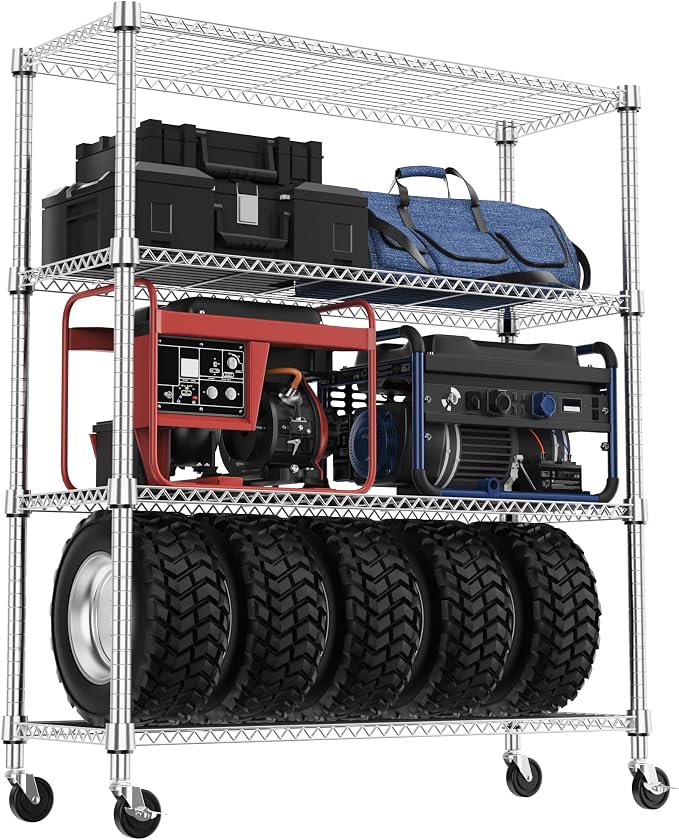 M MZG 1400LBS 47.2" W 4 Tiers Storage Shelves Metal Shelving Unit with Wheels Heavy Duty Garage Shelving Adjustable Wire Shelves for Pantry,Kitchen,Garage,Basement,Chrome 17.7" D x 47.2" W x 62.6" H by MEIGAOPLASTICANDMETALHKCOLIMITED