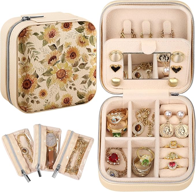 Bistup Travel Jewelry Case - Small Jewelry Organizers and Storage Box for Women Girls Teens Cute Traveling Jewelry Holder with Mirror Little Tiny Compact Modern Unique Aesthetic Pretty, Sunflower by Bistup