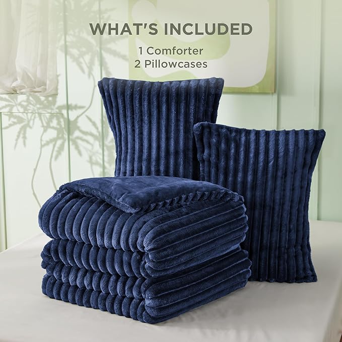 Bedsure King Comforter - GentleSoft™ 3 Pieces Double-Side Fleece Fluffy Navy Blue Comforter Set, Cozy Striped Room Decor Aesthetic, Luxury King Size Bedding with 2 Pillowcases, 104x90 Inches