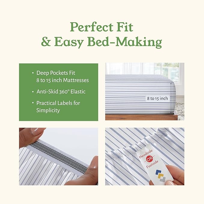 California Design Den Full Sheet Set Stripe, 100% Organic Cotton Percale Sheets, Deep Pocket Full Sheets & Pillowcase Set - Blue Stripe