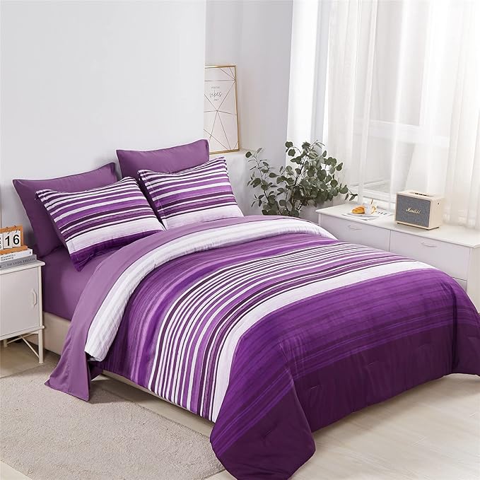 KAKIJUMN 7 Piece Bed in a Bag Stripe Comforter Set Queen Size, White and Purple Patchwork Striped Comforter and Sheet Set, All Season Soft Microfiber Complete Bedding Sets(Purple,Queen)