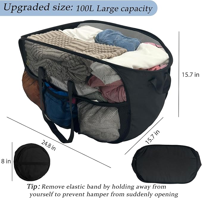 Upgraded Cationic XL Collapsible Laundry Baskets, 100L Extra Large Mesh Pop Up Hamper with Handles and bag, Portable Stair Basket, Dirty Clothes Hamper for Cruise Travel Bedroom. Black - Image 7