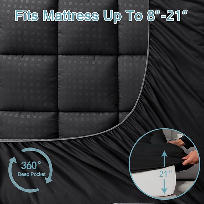 HYLEORY Twin XL Mattress Pad Quilted Fitted Mattress Protector Cooling Pillow Top Mattress Cover Breathable Fluffy Soft Mattress Topper with 8-21" Deep Pocket, Black