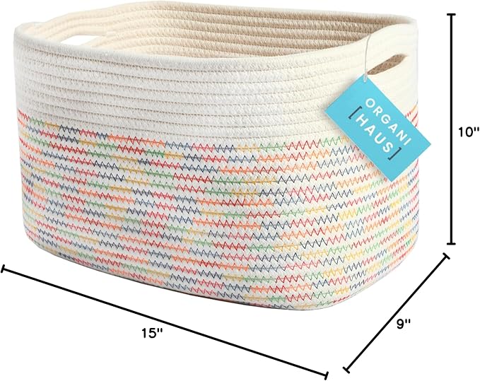 OrganiHaus Rainbow Basket - Colorful Woven Storage Basket for Playroom, Nursery & Classroom Decor & Toy Storage, Rainbow Stitches 15x9x10 - Image 9