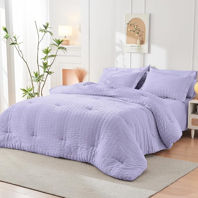 HYMOKEGE Light Purple King Size Comforter Set Seersucker 7 Pieces, All Season Luxury Bed in a Bag for Bedroom, Bedding Set with Comforter, Sheets, Pillowcases & Shams