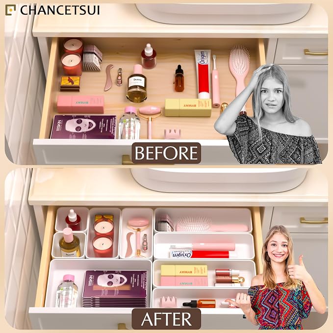 9 Pcs Stackable Drawer Organizer Trays Set, Multifunctional Stackable Storage Trays for Vanity, Bathroom, Kitchen, Desk Drawer Organizer Office. Plastic Drawer Organizers Available In 5 Colours, White - Image 6
