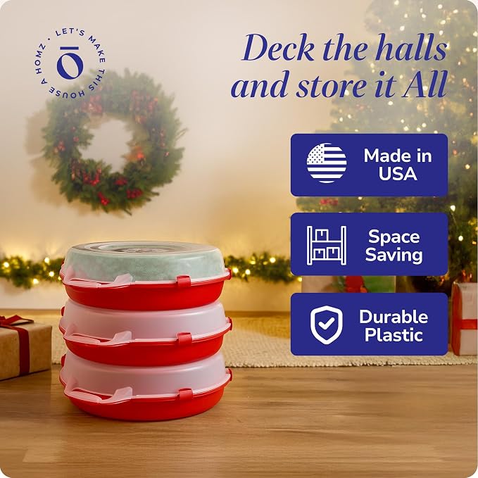 HOMZ 3-Pack 24 Inch Seasonal Holiday Clear Plastic Wreath Storage Containers, Red – Stackable Decoration Organizer Bins with Lids and Handles for Christmas Wreaths and Garlands - Image 5