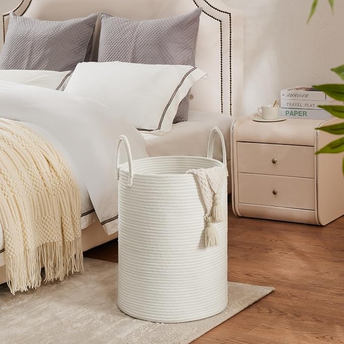 Cotton Rope Laundry Hamper by YOUDENOVA, 58L - Woven Collapsible Laundry Basket - Clothes Storage Basket for Blankets, Laundry Room Organizing, Bedroom Storage, Clothes Hamper – White - Image 6