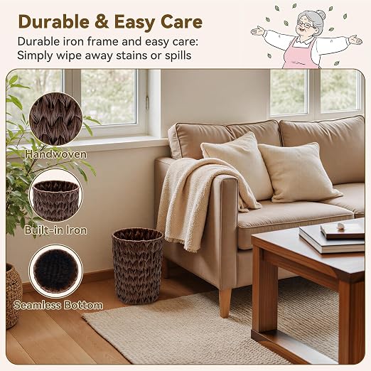 GRANNY SAYS Small Wicker Trash Can, 2 Gallon Bathroom Waste Basket, Small Bathroom Garbage Can, Plastic Trash Basket for Decor, Round Wastebaskets for Office, Bedroom, Cabinet, Brown - Image 3