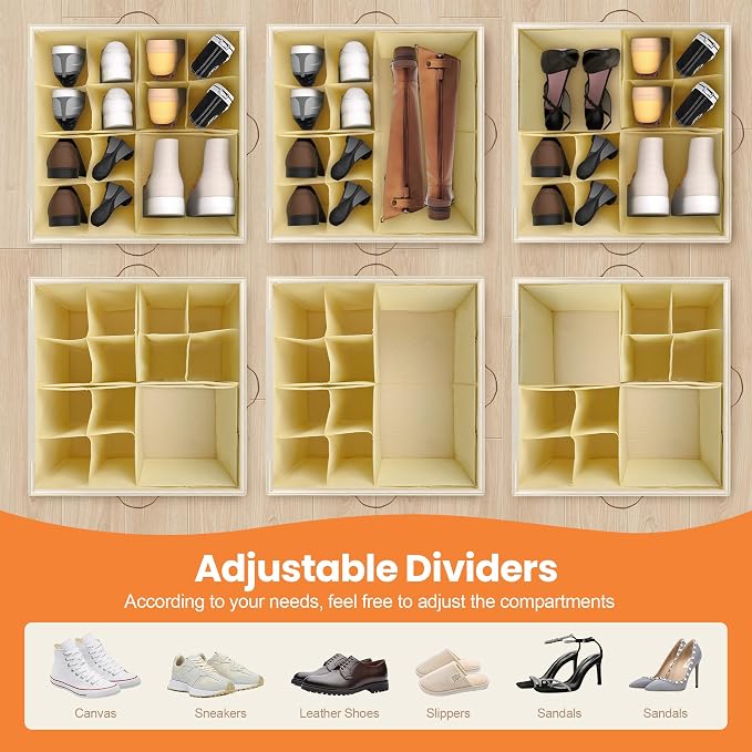 Shoe Organizer for Closet, 2 Pack Shoe Storage Organizer with Wheels and Adjustable Dividers, Stackable Shoe Storage Box with Clear Cover, Closet Shoe Organizer Fits up to 16-32 Pairs, Gray and Beige - Image 7