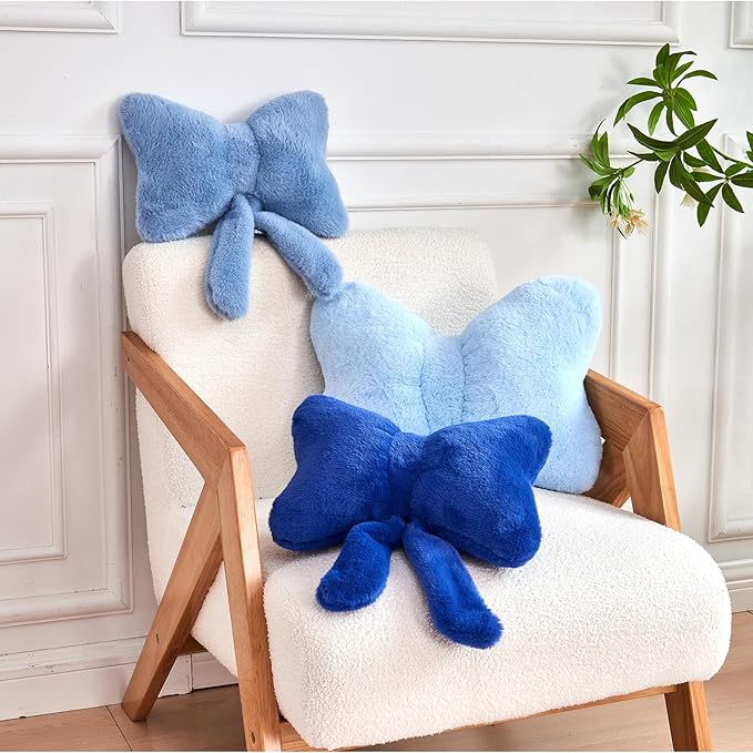 XVTRU Navy Bow Pillow, Soft Bow Decorative Pillows with Faux Rabbit Fur, Cute 16" Bow Throw Pillows, Aesthetic Home Decor Bow Shaped Plush Pillow for Bedroom Sofa Couch