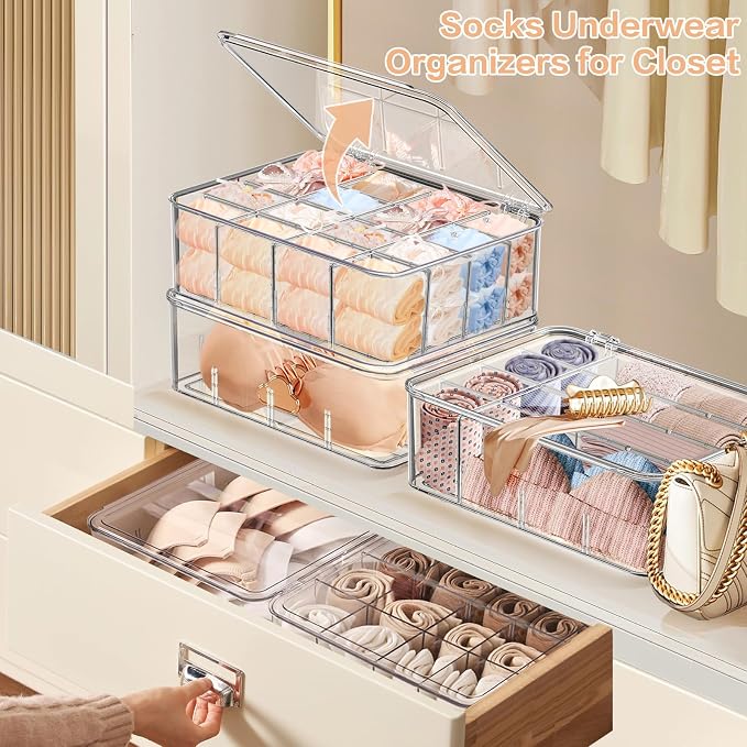 2pcs Sock Underwear Organizer, Sunoyar 16 Compartment Adjustable Dividers Tie Bras Socks Underwear Drawer Organizers for Closet, Clear Plastic Storage Containers Box with Lids for Ties Bra Scarf Socks - Image 4