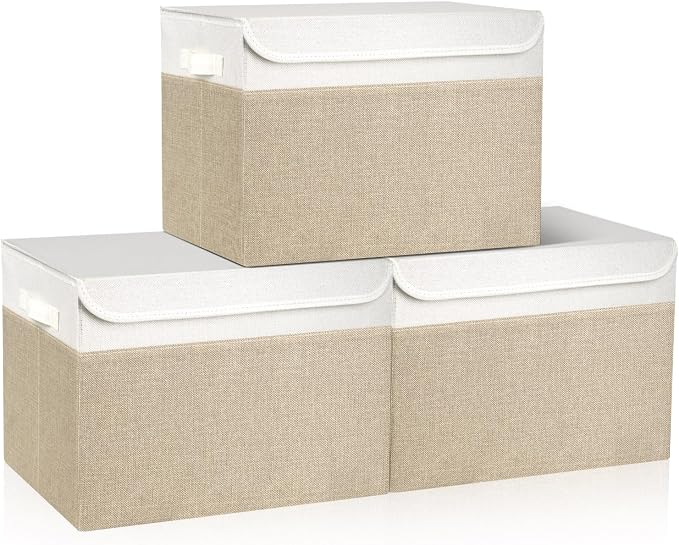 Bagnizer Large 17" 42 Quarts Collapsible Stackable Storage Bins with Lids [3-Pack] Foldable Fabric Linen Storage Boxes Cube, Closet Organizer Baskets with Label (16.7 x 12 x 12, Beige & White) by Bagnizer