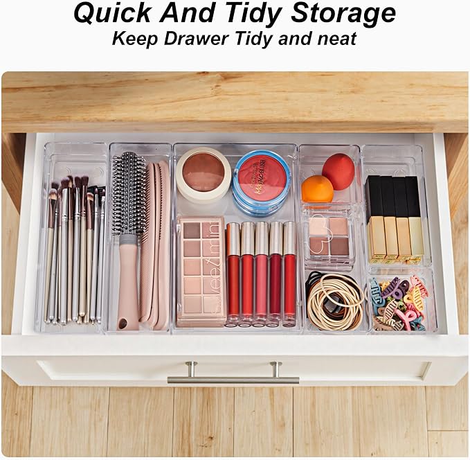 SMARTAKE 25-Piece Drawer Organizer with Non-Slip Silicone Pads, 4-Size Desk Drawer Organizer Trays Storage Tray for Makeup, Jewelries, Utensils in Bedroom Dresser, Office and Kitchen (Clear) - Image 5
