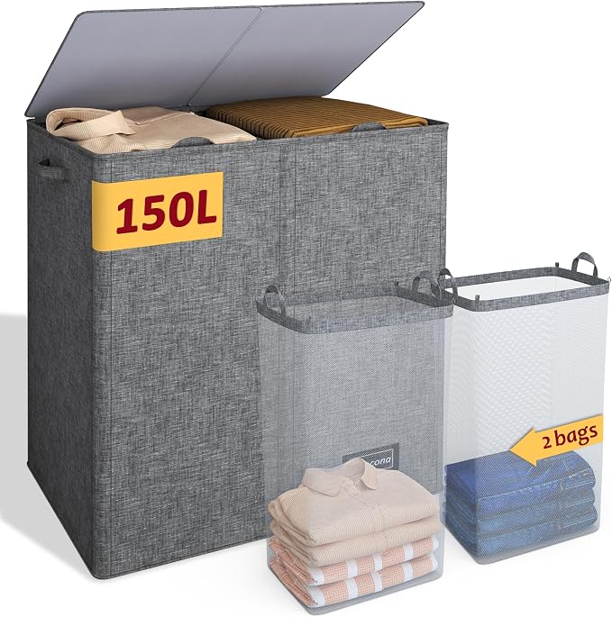 150L Laundry Hamper 2 Section, Large Laundry Hamper with Lid, Dirty Clothes Hamper with 2 Removable Inner Bags, Collapsible Laundry Basket Organizer for for Clothes Toys Towels, Hamper 2 Compartment by Vincona