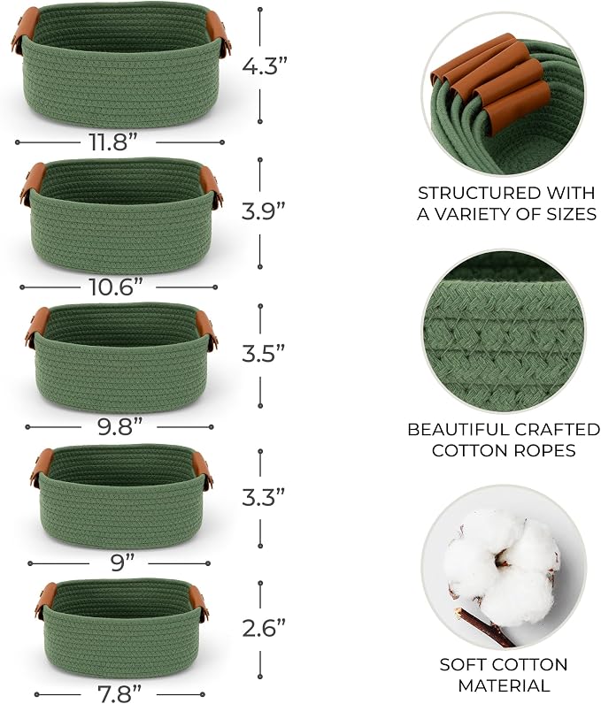 Beautiful Storage Basket Set of 5 - Sturdy Cotton Rope Baskets for Shelves Are Perfect for Organizing Your Home - Quality Storage Bins Easily Fit With Any Nursery or Bedroom Decor - Image 4