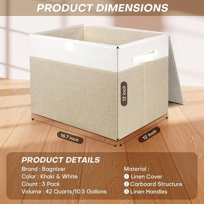 Bagnizer Large 17" 42 Quarts Collapsible Stackable Storage Bins with Lids [3-Pack] Foldable Fabric Linen Storage Boxes Cube, Closet Organizer Baskets with Label (16.7 x 12 x 12, Beige & White) - Image 2