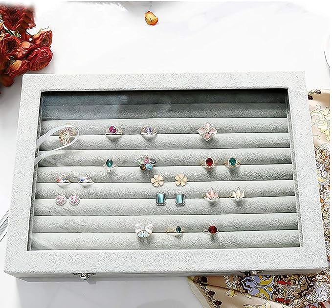 Jewelry Tray Ring Organizer Box with Clear Lid Velvet Tray for Jewelry Storage Display Case, 10 Slots Can Hold 100 Rings Earrings Dustproof Necklace Jewelry Box Organizer & Tray - Image 2