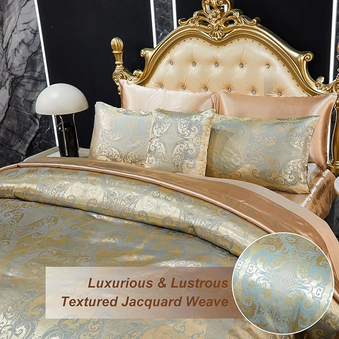 Gold Comforter Set with Taupe Sheet Set Jacquard Bedding Set 8 Pcs Vintage Neoclassical Floral Elegant Bed Home Decor Soft Comforter Luxury Hotel Silky Bed in a Bag Queen with 1 Cushion Cover
