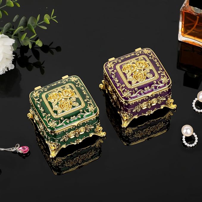 Hipiwe Vintage Jewelry Box Small Trinket Storage Organizer Box Gold Metal Chest Ring Case Treasure Chest Square Keepsake Boxes for Earrings Necklace Gift for Women,Purple - Image 6