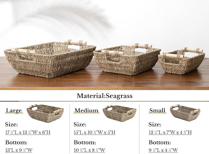 StorageWorks Hand-Woven Large Storage Baskets with Wooden Handles, Seagrass Wicker Baskets for Organizing, 2-Pack - Image 8