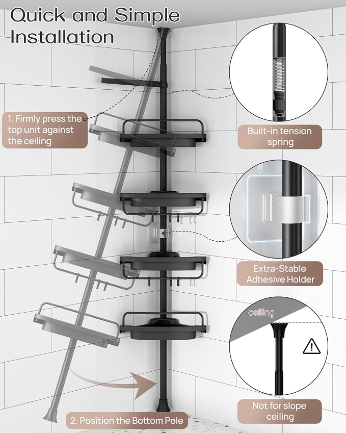 ALLZONE Corner Shower Caddy Tension Pole, Extendable Rustproof Stainless Steel Pole & 4-Tier Adjustable Shelves for Easy Drainage and Built-to-Last Stability, 34 to 116 Inches, Black - Image 4