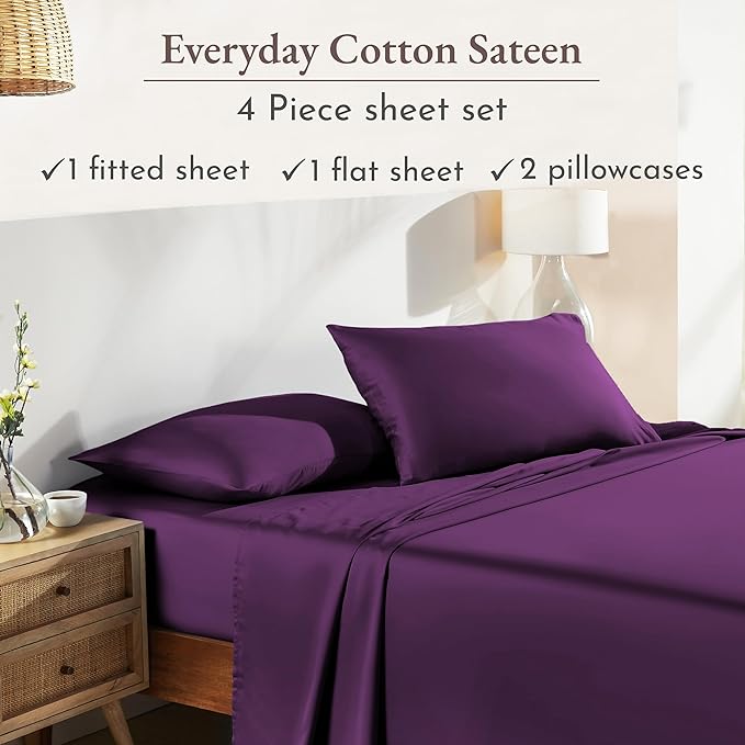 California Design Den Deep Pocket King Sheet Set - Natural 100% Cotton Sheets King Size, Soft Sateen Weave, All Around Elastic, Breathable and Durable Bedding - Purple Passion